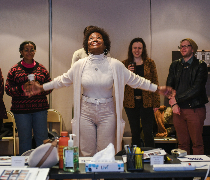 LaChanze and the company in rehearsal for Classic Stage Company's Wine in the Wilderness. Photo by Allison Stock.