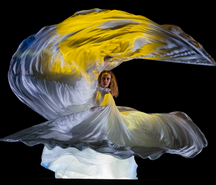 A dance in a swirling silver and yellow dress with the train going above her head