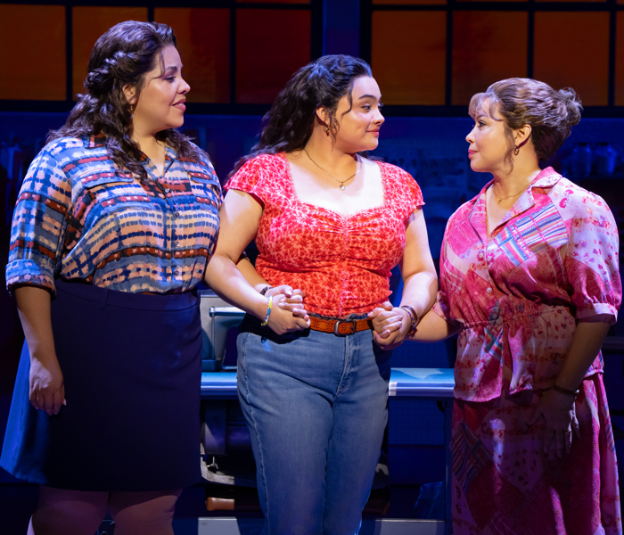 Florencia Cuenca, Tatianna Córdoba and Justina Machado in Real Women Have Curves: The Musical on Broadway. Photo by Julieta Cervantes.